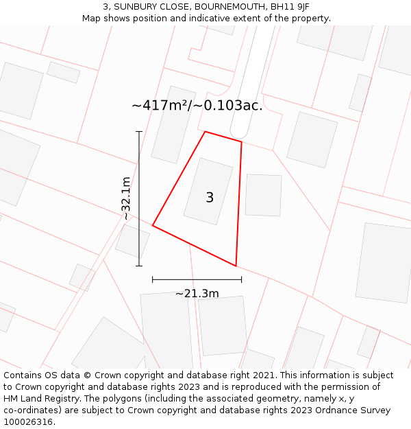 3, SUNBURY CLOSE, BOURNEMOUTH, BH11 9JF: Plot and title map