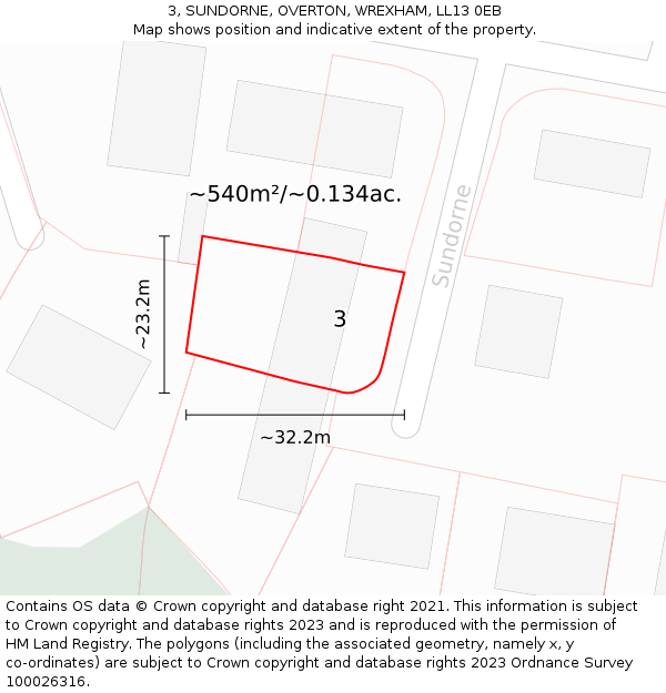 3, SUNDORNE, OVERTON, WREXHAM, LL13 0EB: Plot and title map