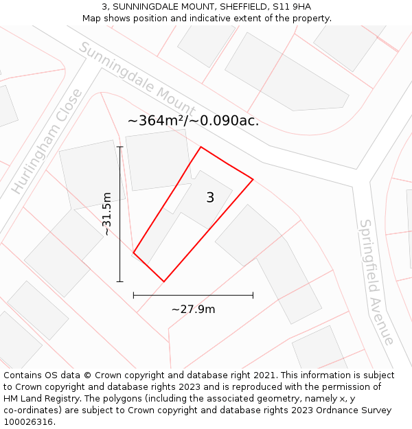 3, SUNNINGDALE MOUNT, SHEFFIELD, S11 9HA: Plot and title map