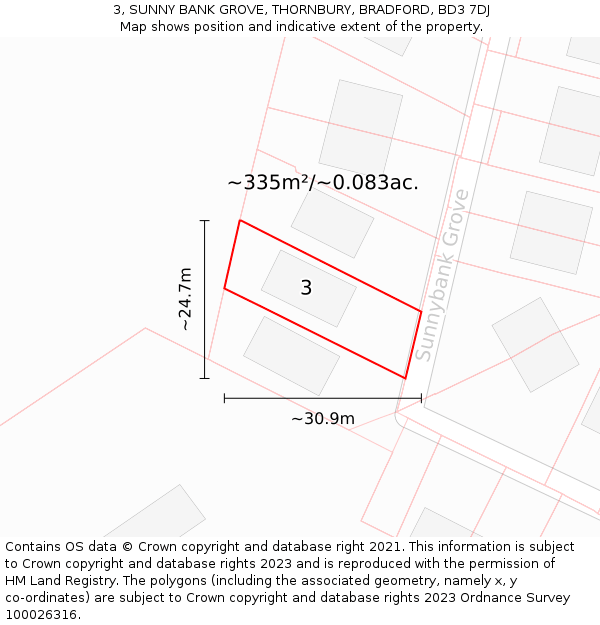 3, SUNNY BANK GROVE, THORNBURY, BRADFORD, BD3 7DJ: Plot and title map