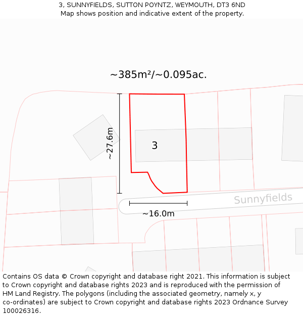3, SUNNYFIELDS, SUTTON POYNTZ, WEYMOUTH, DT3 6ND: Plot and title map