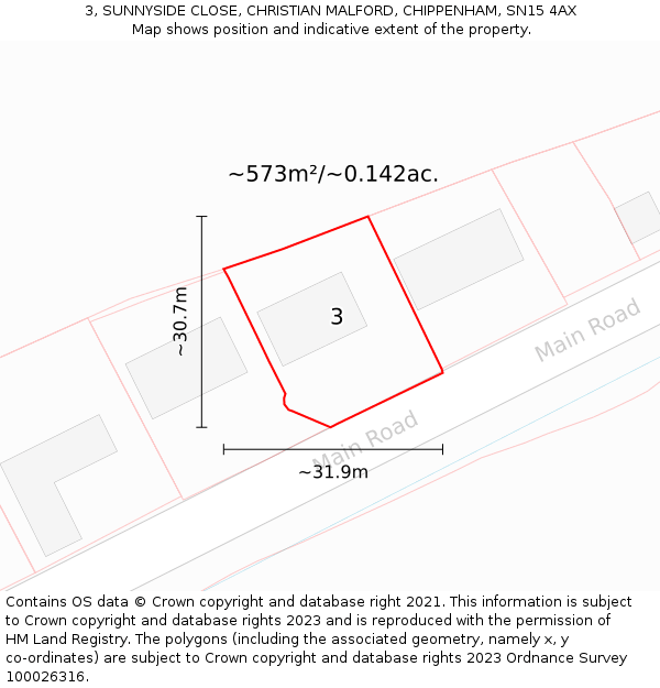 3, SUNNYSIDE CLOSE, CHRISTIAN MALFORD, CHIPPENHAM, SN15 4AX: Plot and title map