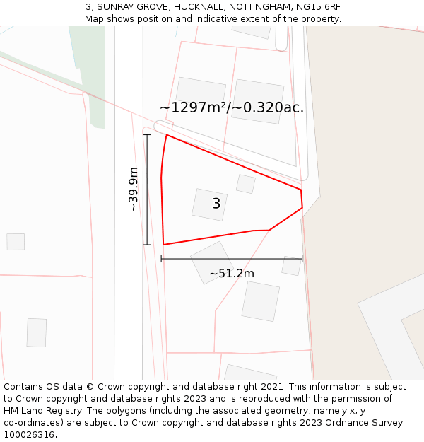 3, SUNRAY GROVE, HUCKNALL, NOTTINGHAM, NG15 6RF: Plot and title map