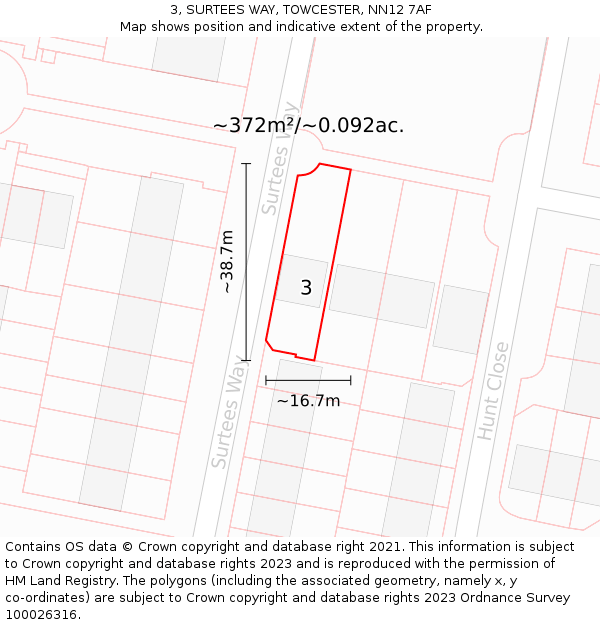3, SURTEES WAY, TOWCESTER, NN12 7AF: Plot and title map