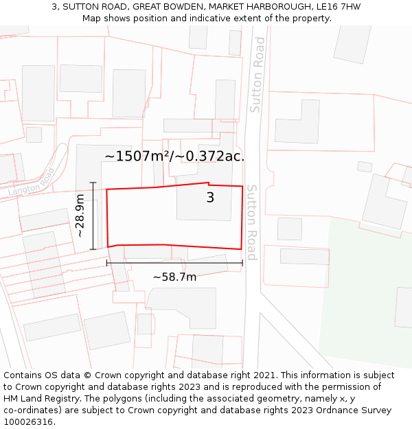 3, SUTTON ROAD, GREAT BOWDEN, MARKET HARBOROUGH, LE16 7HW: Plot and title map