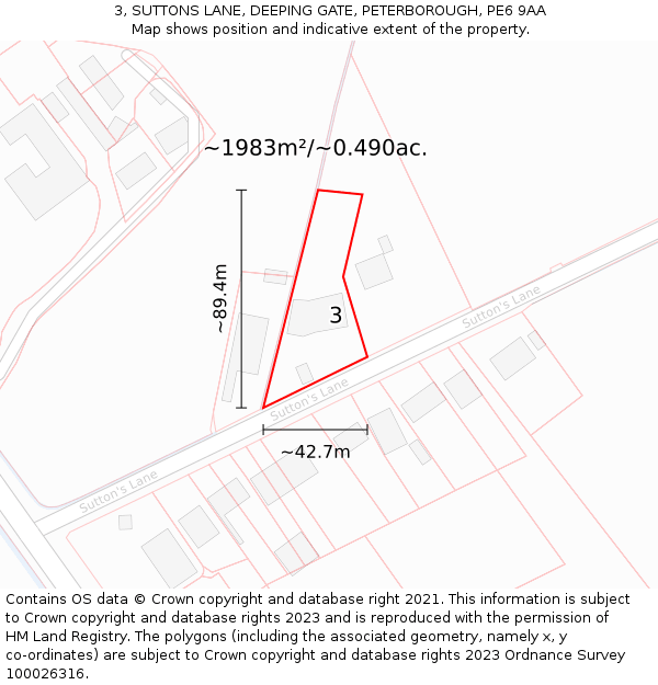 3, SUTTONS LANE, DEEPING GATE, PETERBOROUGH, PE6 9AA: Plot and title map