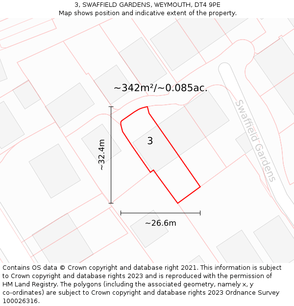 3, SWAFFIELD GARDENS, WEYMOUTH, DT4 9PE: Plot and title map