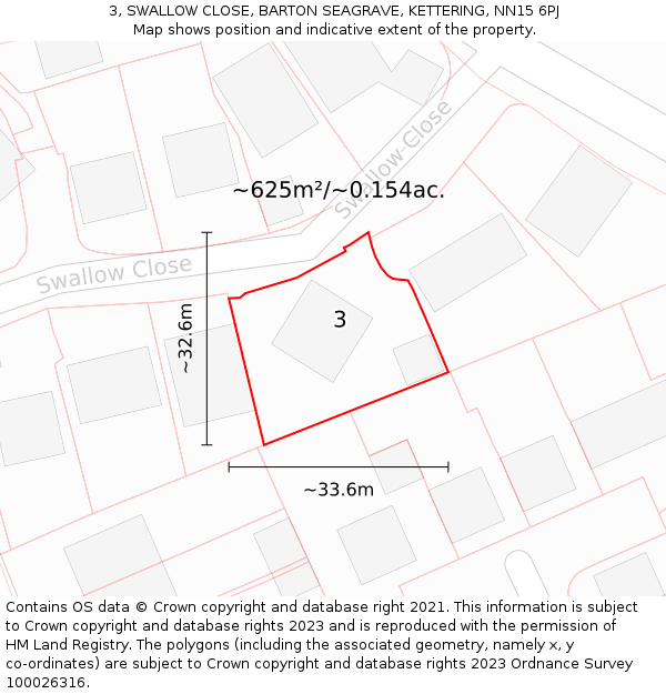 3, SWALLOW CLOSE, BARTON SEAGRAVE, KETTERING, NN15 6PJ: Plot and title map