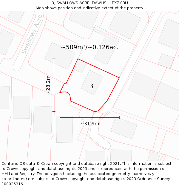 3, SWALLOWS ACRE, DAWLISH, EX7 0RU: Plot and title map