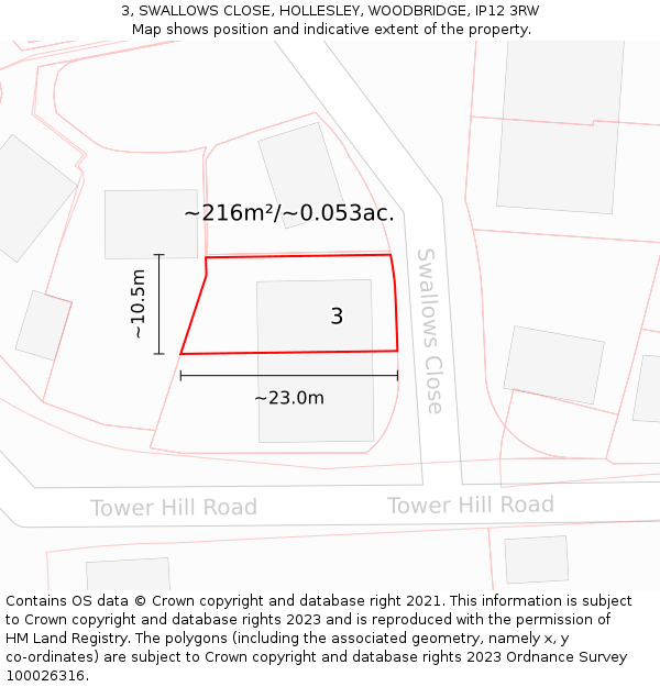 3, SWALLOWS CLOSE, HOLLESLEY, WOODBRIDGE, IP12 3RW: Plot and title map