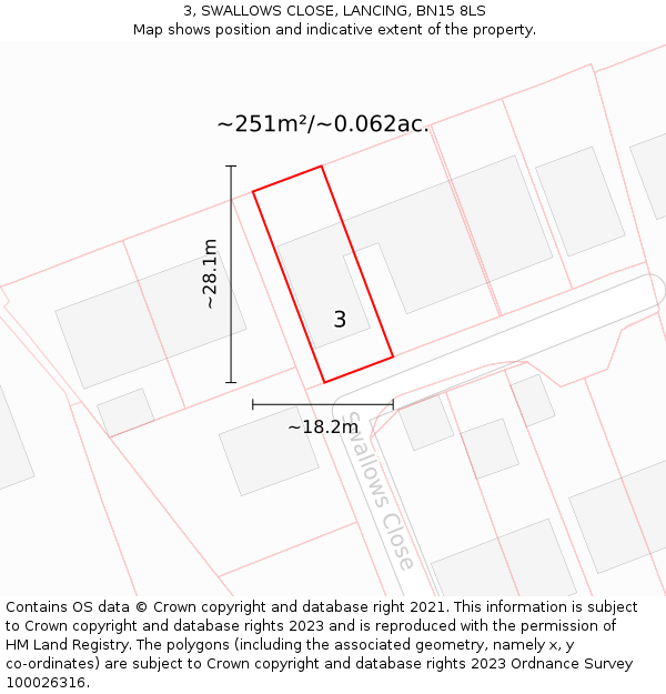 3, SWALLOWS CLOSE, LANCING, BN15 8LS: Plot and title map