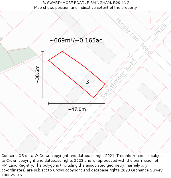 3, SWARTHMORE ROAD, BIRMINGHAM, B29 4NG: Plot and title map