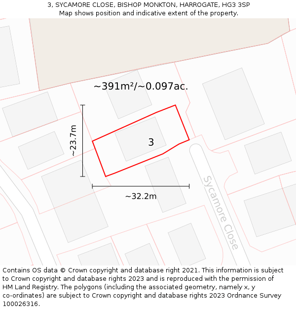 3, SYCAMORE CLOSE, BISHOP MONKTON, HARROGATE, HG3 3SP: Plot and title map