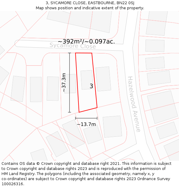3, SYCAMORE CLOSE, EASTBOURNE, BN22 0SJ: Plot and title map