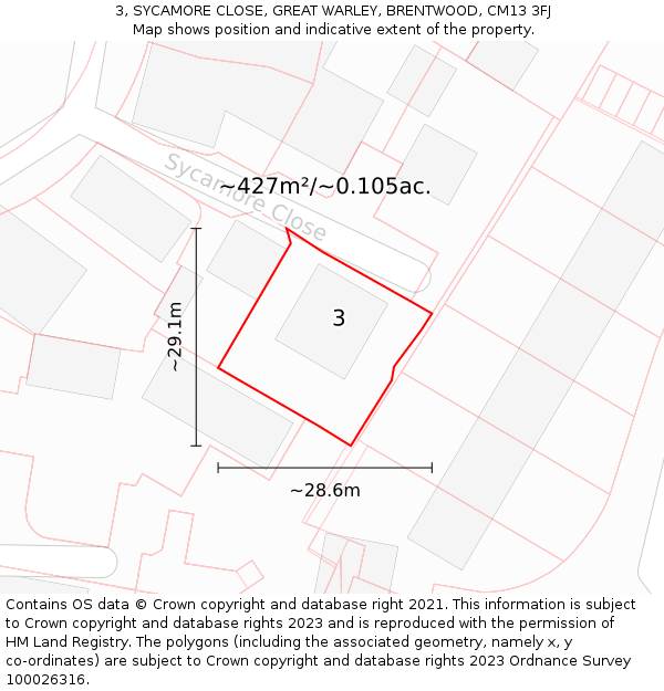 3, SYCAMORE CLOSE, GREAT WARLEY, BRENTWOOD, CM13 3FJ: Plot and title map