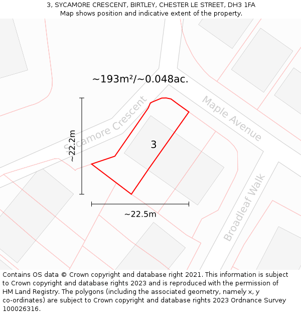 3, SYCAMORE CRESCENT, BIRTLEY, CHESTER LE STREET, DH3 1FA: Plot and title map