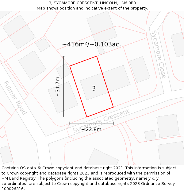3, SYCAMORE CRESCENT, LINCOLN, LN6 0RR: Plot and title map
