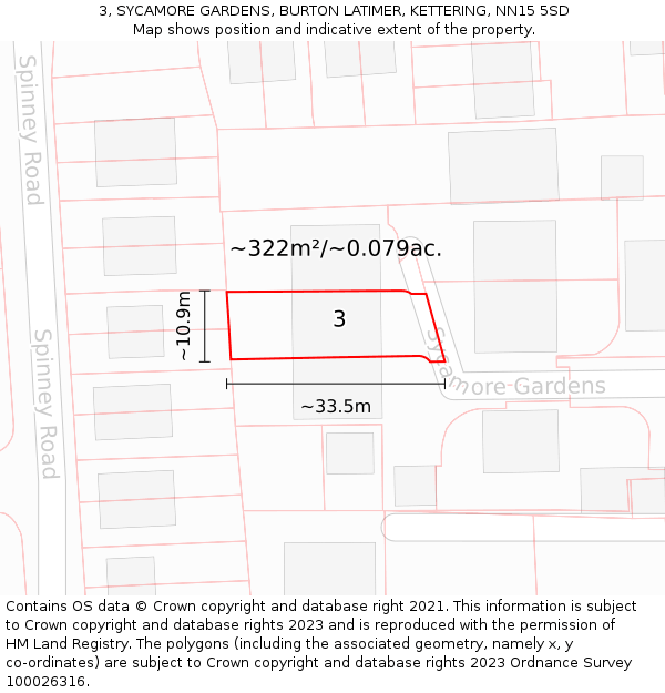 3, SYCAMORE GARDENS, BURTON LATIMER, KETTERING, NN15 5SD: Plot and title map