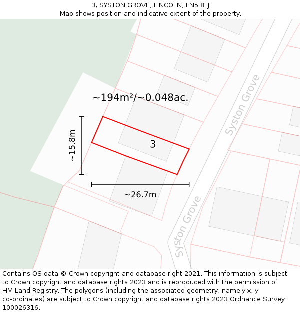3, SYSTON GROVE, LINCOLN, LN5 8TJ: Plot and title map