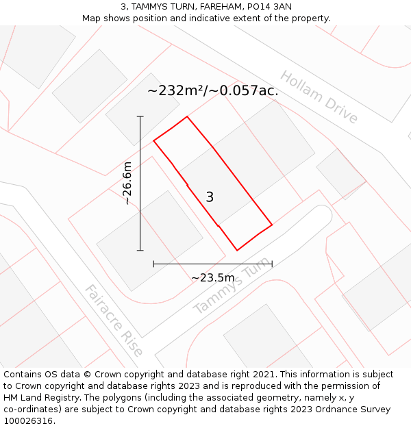 3, TAMMYS TURN, FAREHAM, PO14 3AN: Plot and title map