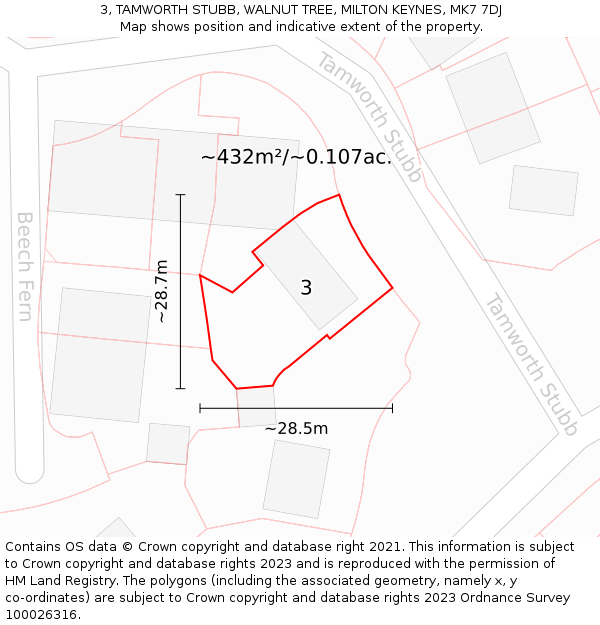 3, TAMWORTH STUBB, WALNUT TREE, MILTON KEYNES, MK7 7DJ: Plot and title map
