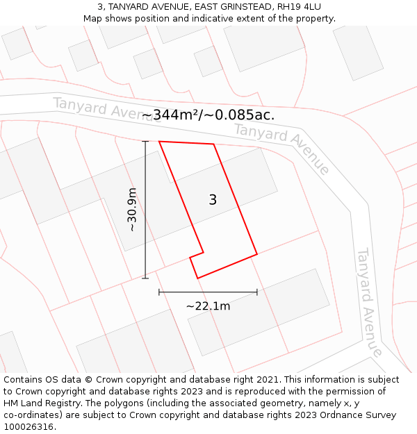 3, TANYARD AVENUE, EAST GRINSTEAD, RH19 4LU: Plot and title map