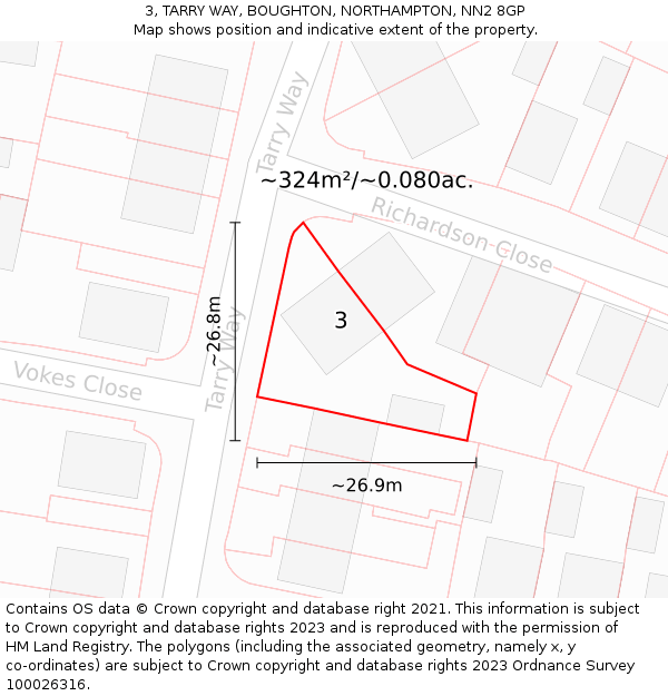 3, TARRY WAY, BOUGHTON, NORTHAMPTON, NN2 8GP: Plot and title map