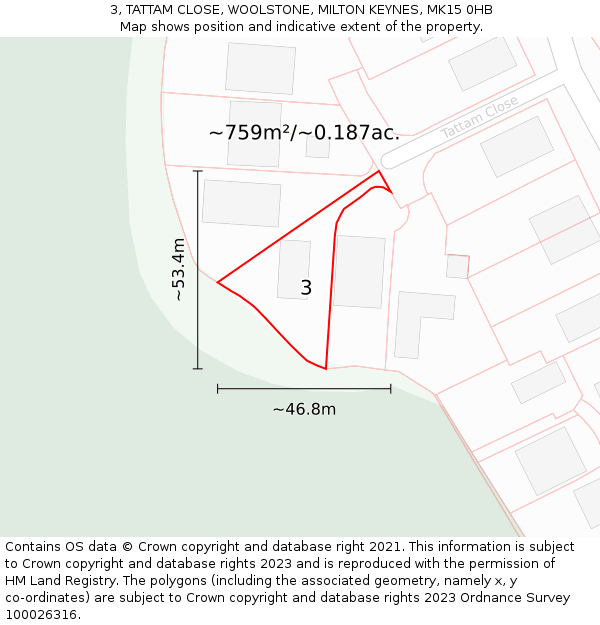 3, TATTAM CLOSE, WOOLSTONE, MILTON KEYNES, MK15 0HB: Plot and title map