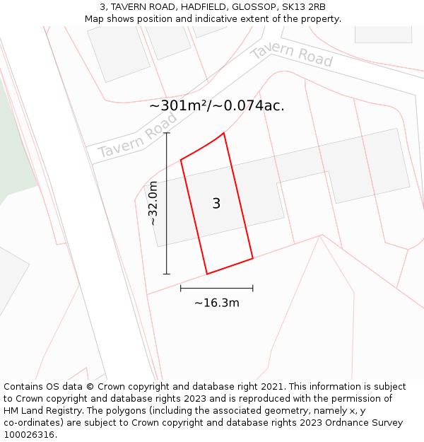 3, TAVERN ROAD, HADFIELD, GLOSSOP, SK13 2RB: Plot and title map