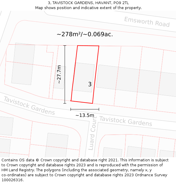 3, TAVISTOCK GARDENS, HAVANT, PO9 2TL: Plot and title map