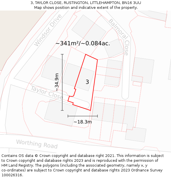 3, TAYLOR CLOSE, RUSTINGTON, LITTLEHAMPTON, BN16 3UU: Plot and title map