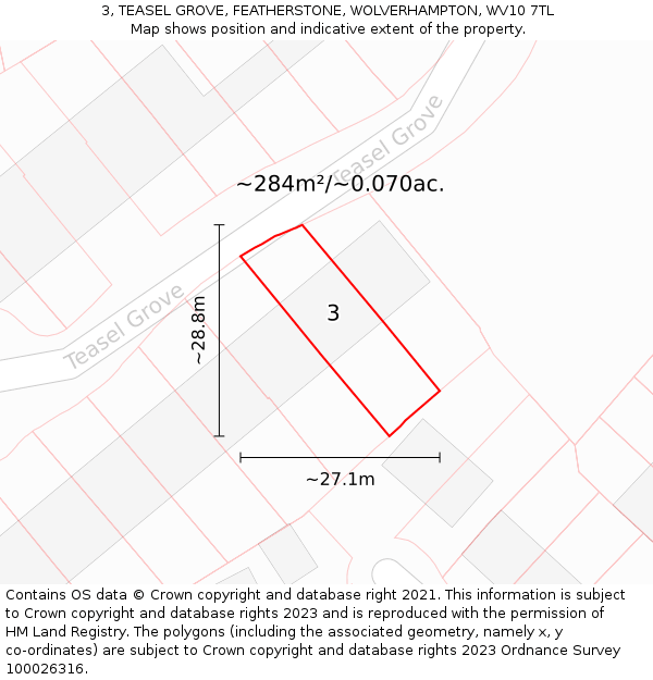 3, TEASEL GROVE, FEATHERSTONE, WOLVERHAMPTON, WV10 7TL: Plot and title map