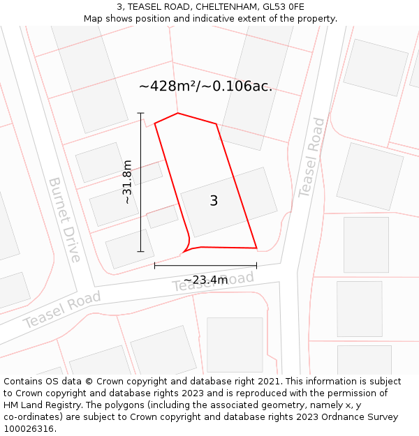3, TEASEL ROAD, CHELTENHAM, GL53 0FE: Plot and title map