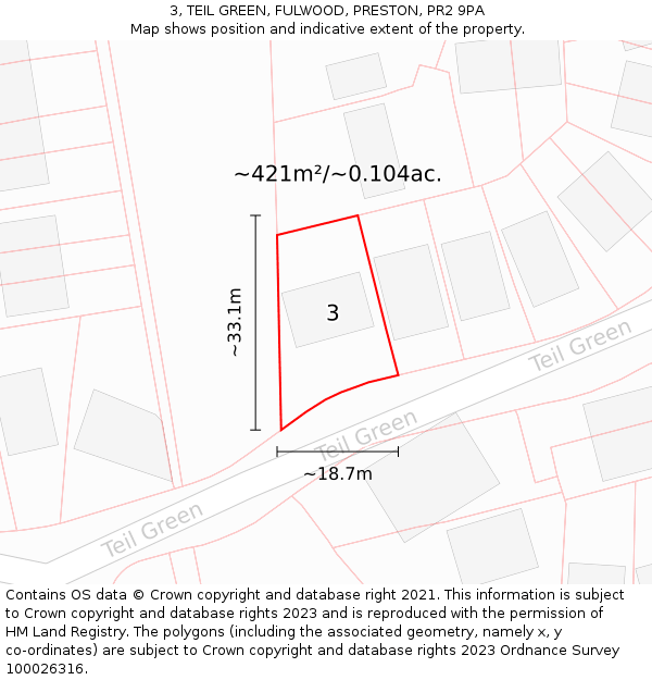 3, TEIL GREEN, FULWOOD, PRESTON, PR2 9PA: Plot and title map