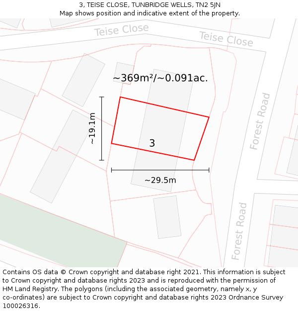 3, TEISE CLOSE, TUNBRIDGE WELLS, TN2 5JN: Plot and title map