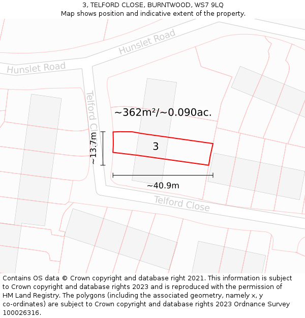 3, TELFORD CLOSE, BURNTWOOD, WS7 9LQ: Plot and title map
