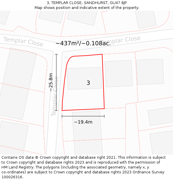 3, TEMPLAR CLOSE, SANDHURST, GU47 8JP: Plot and title map