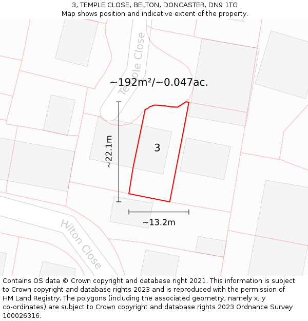 3, TEMPLE CLOSE, BELTON, DONCASTER, DN9 1TG: Plot and title map