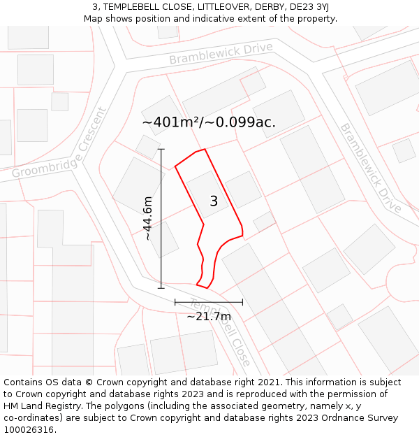 3, TEMPLEBELL CLOSE, LITTLEOVER, DERBY, DE23 3YJ: Plot and title map