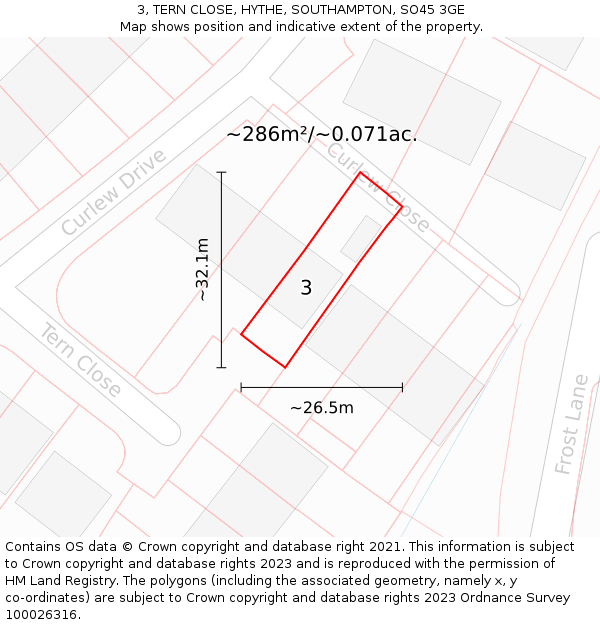 3, TERN CLOSE, HYTHE, SOUTHAMPTON, SO45 3GE: Plot and title map