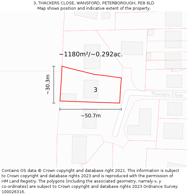 3, THACKERS CLOSE, WANSFORD, PETERBOROUGH, PE8 6LD: Plot and title map