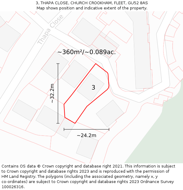 3, THAPA CLOSE, CHURCH CROOKHAM, FLEET, GU52 8AS: Plot and title map