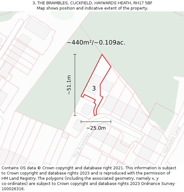 3, THE BRAMBLES, CUCKFIELD, HAYWARDS HEATH, RH17 5BF: Plot and title map