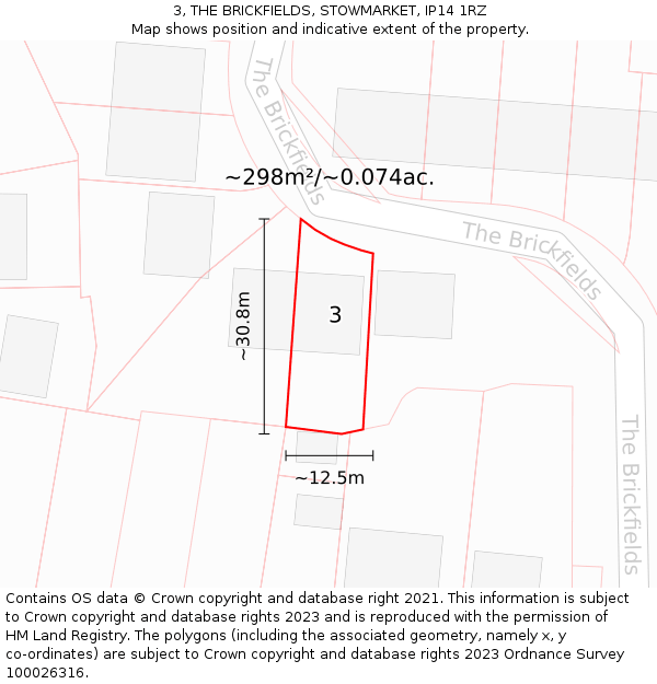 3, THE BRICKFIELDS, STOWMARKET, IP14 1RZ: Plot and title map