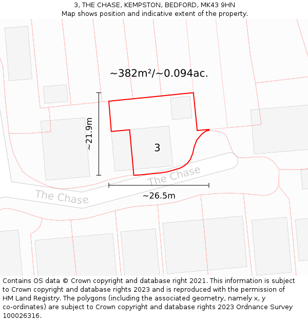3, THE CHASE, KEMPSTON, BEDFORD, MK43 9HN: Plot and title map