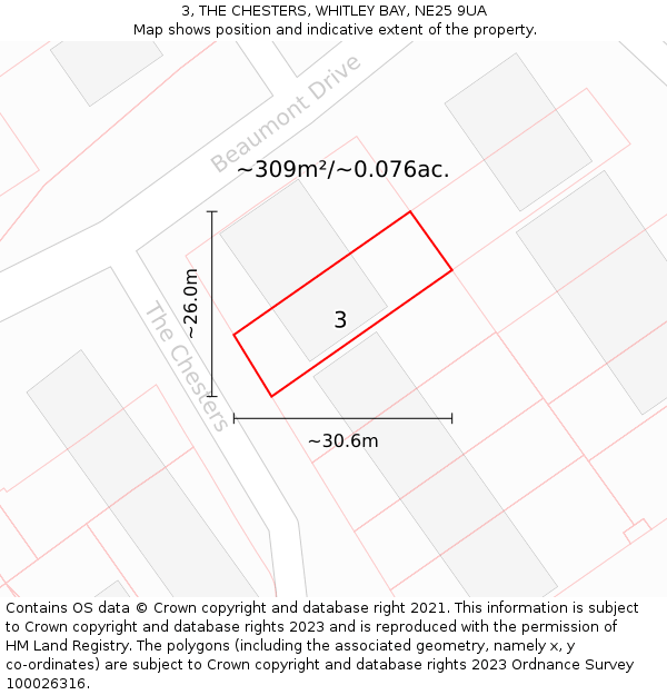 3, THE CHESTERS, WHITLEY BAY, NE25 9UA: Plot and title map