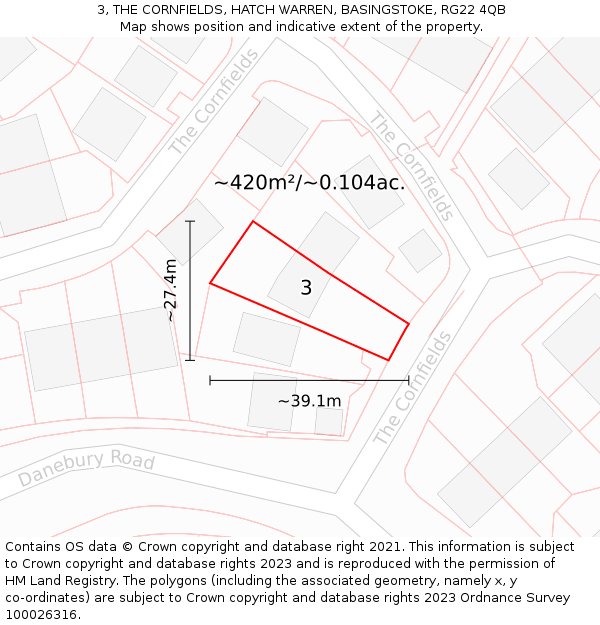 3, THE CORNFIELDS, HATCH WARREN, BASINGSTOKE, RG22 4QB: Plot and title map
