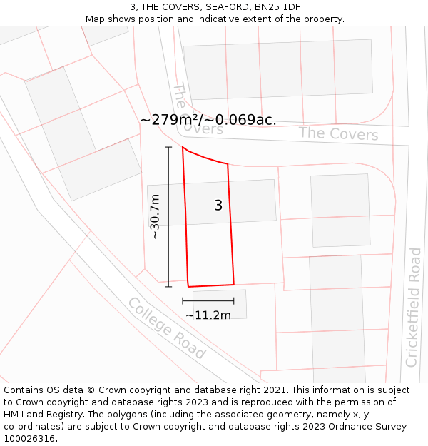 3, THE COVERS, SEAFORD, BN25 1DF: Plot and title map