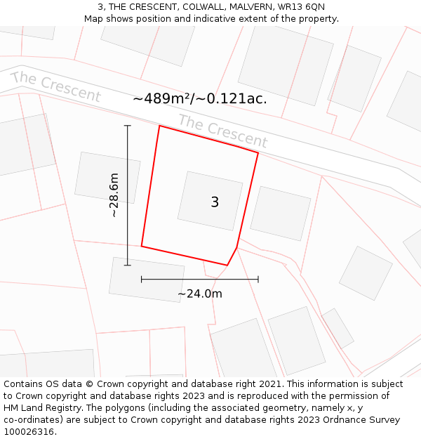 3, THE CRESCENT, COLWALL, MALVERN, WR13 6QN: Plot and title map