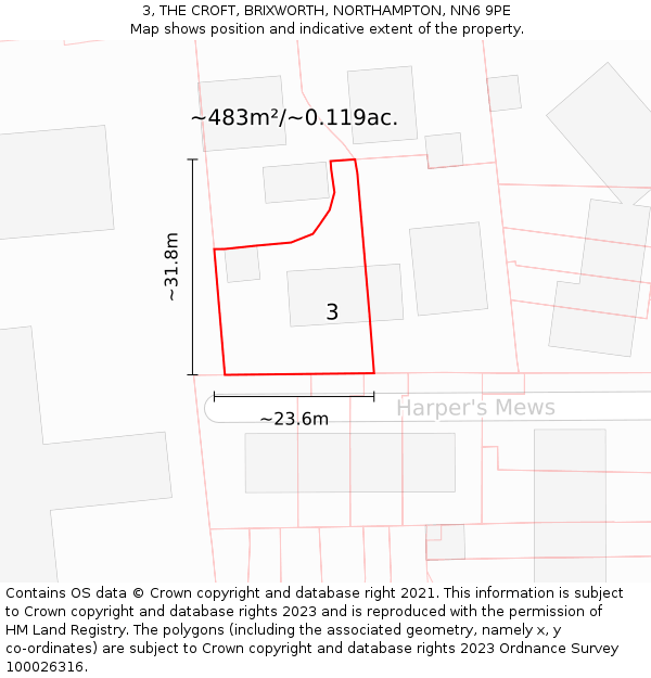 3, THE CROFT, BRIXWORTH, NORTHAMPTON, NN6 9PE: Plot and title map